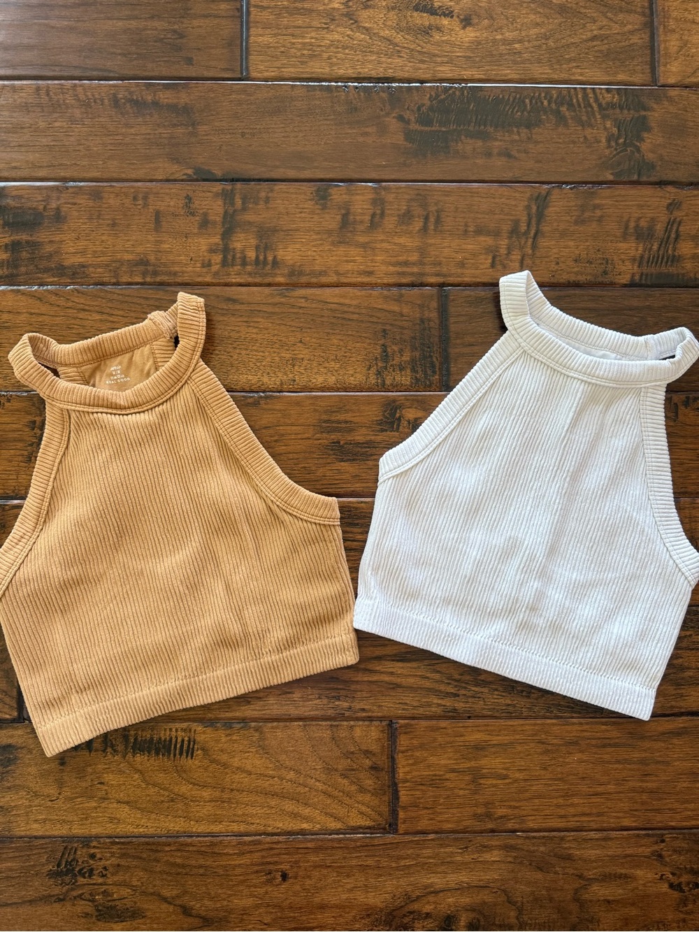 Aerie Set of Ribbed Cropped Halter Tank Tops - White & Camel